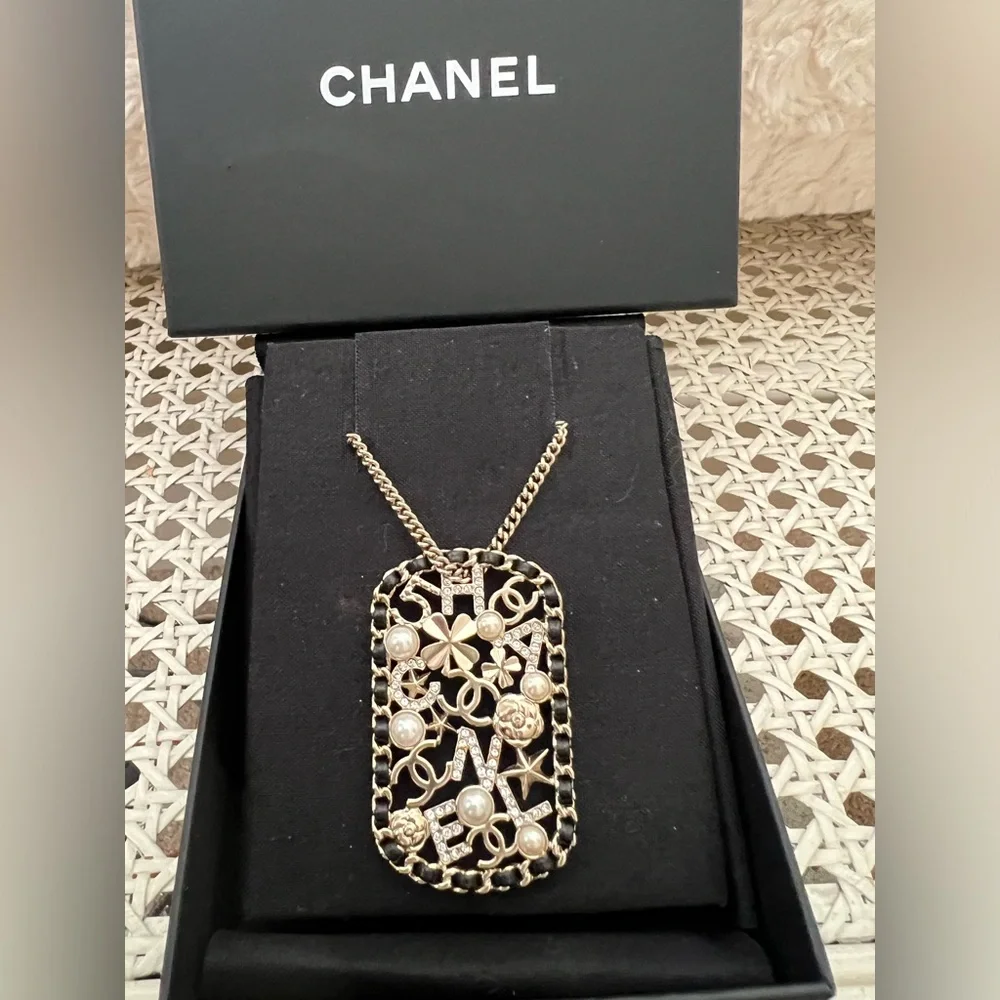 CHANEL Pendant Necklace Clover Lambskin Leather Chain Logo Crystal Mosaic Pearl